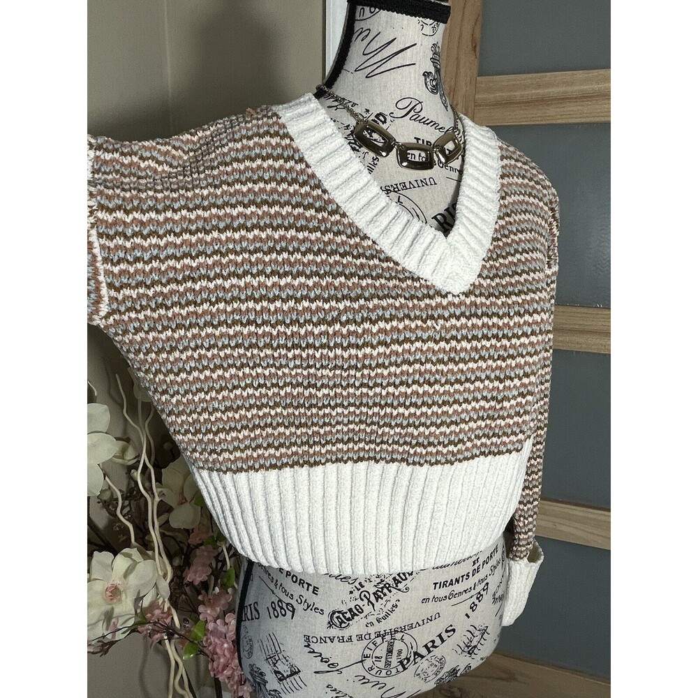 Pink Rose Chevron Knit Cropped Sweater Womens Small V-neck Pullover Cottagecore - Picture 4 of 7